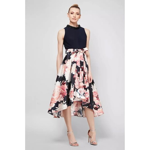 SLYN Women's 14 Beaded Bow Collar Hi Lo Sleeveless Pink  Blue Formal Dress - Picture 2 of 15